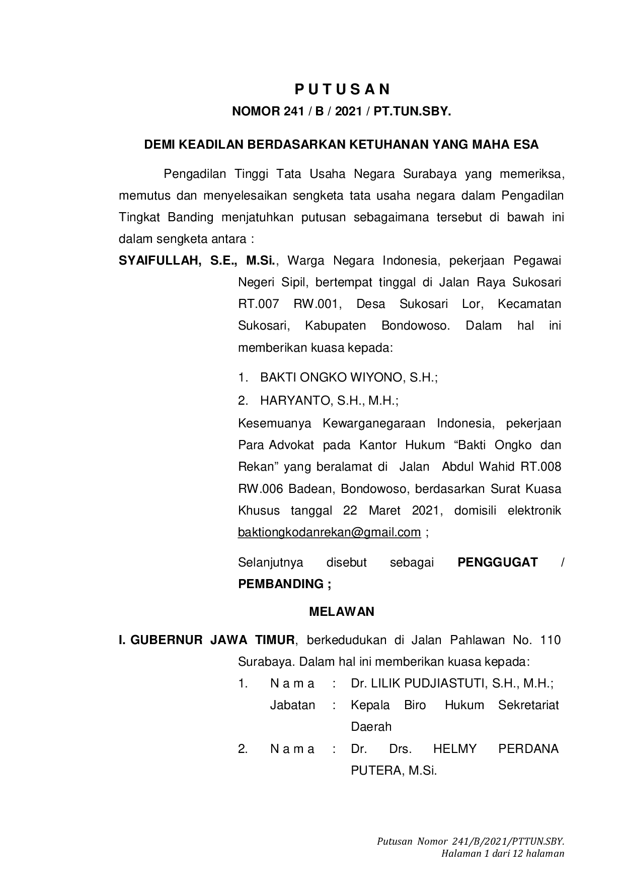 Thumbnail Putusan Pengadilan Tinggi Tata Usaha Negara Nomor 241/B/2021/PT.TUN.SBY.